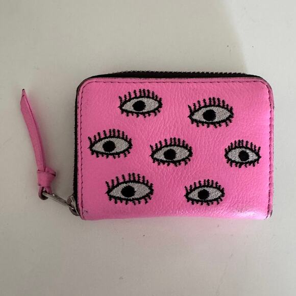 Min & Mon Handbags - Min & Mon Bubblegum Pink Leather Frodo Wallet All Over Eyes Embroidery